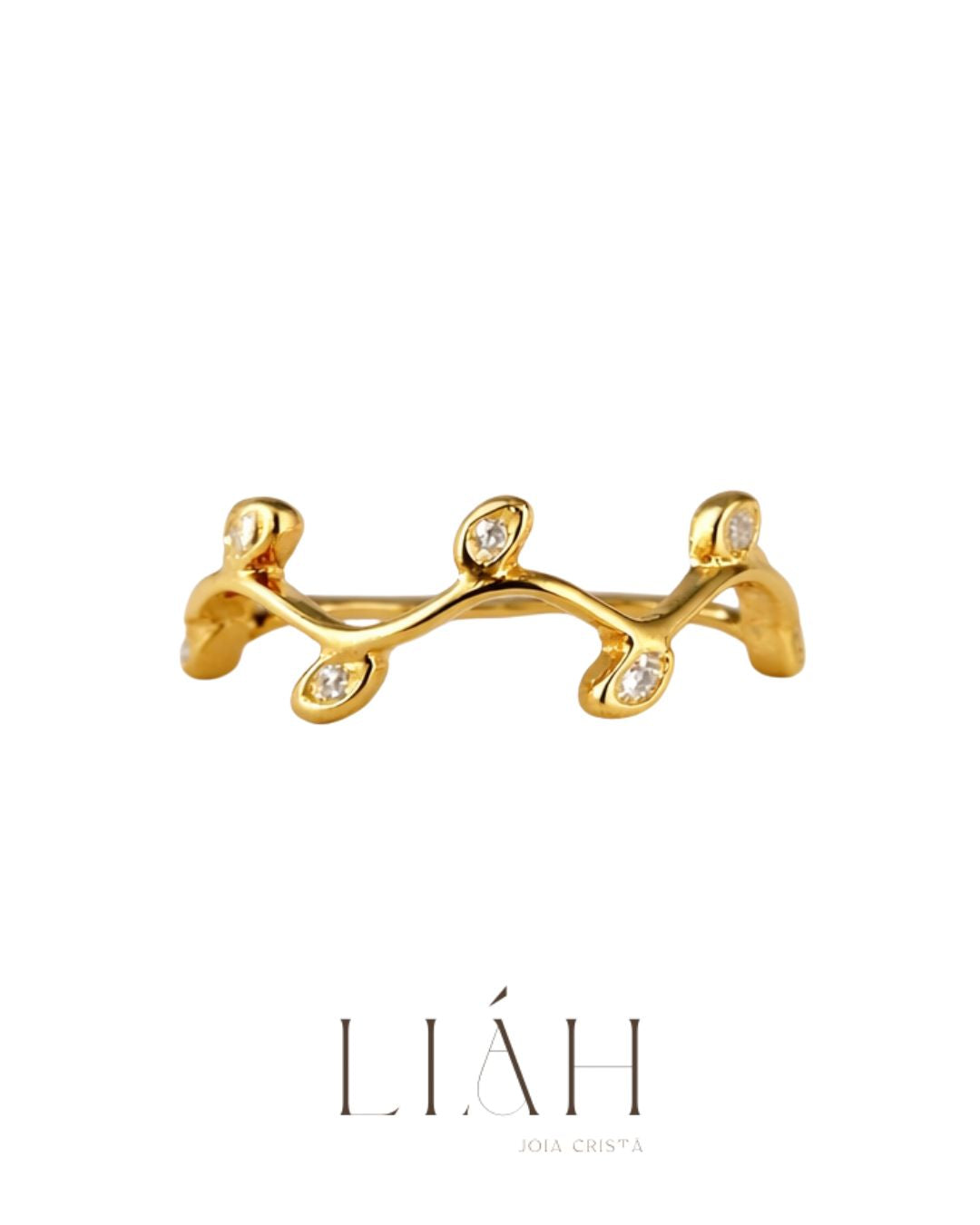 Anel Figueira semijoia banhado a ouro com design de folhas e zircônias transparentes – Liáh Joia Cristã