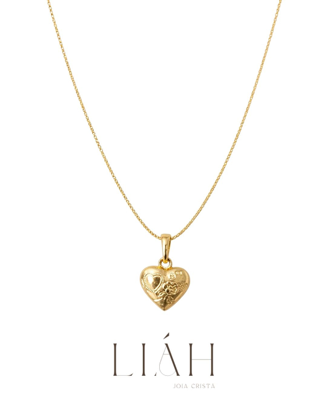 Colar Coração Guardado semijoia banhado a ouro com pingente coração e anjo gravado em relevo – Liáh Joia Cristã
