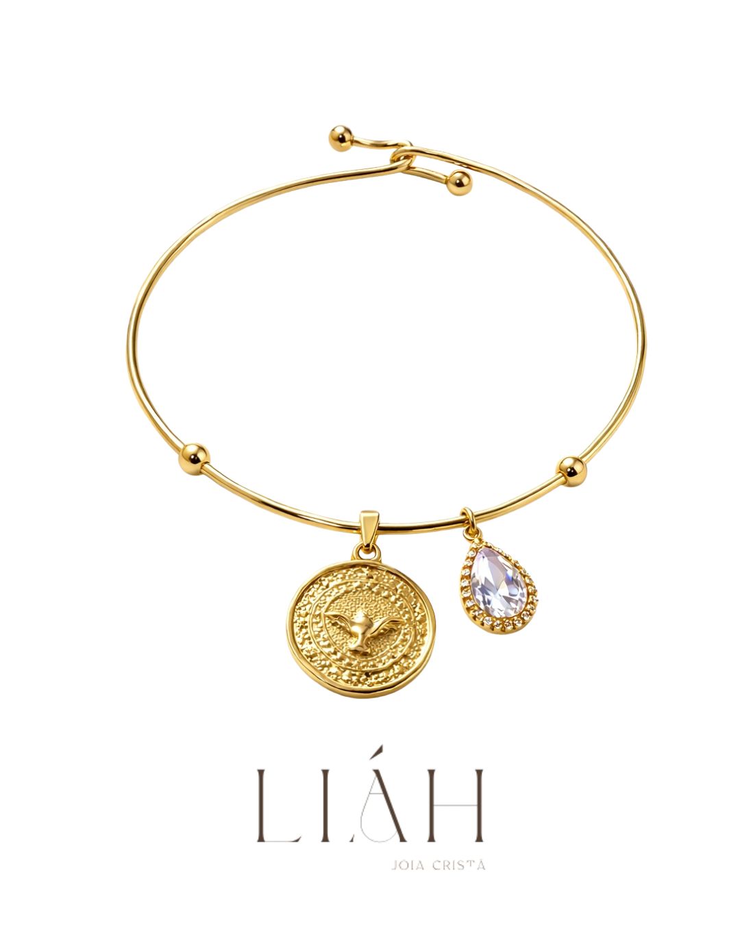 Pulseira Espírito Santo semijoia banhada a ouro com medalha pomba gravada e charm gota zircônia – Liáh Joia Cristã
